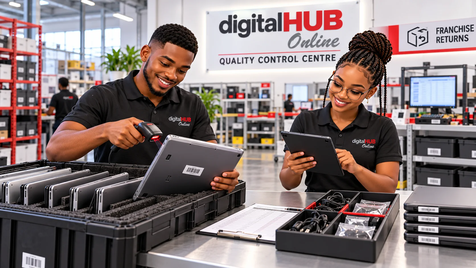 Illustrative technician scanning a returned device barcode for chain-of-custody verification